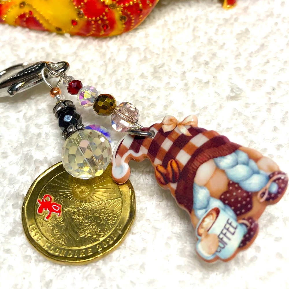 Coffee gnome, Cute zipper pull or purse bling-burgundy and silver colors